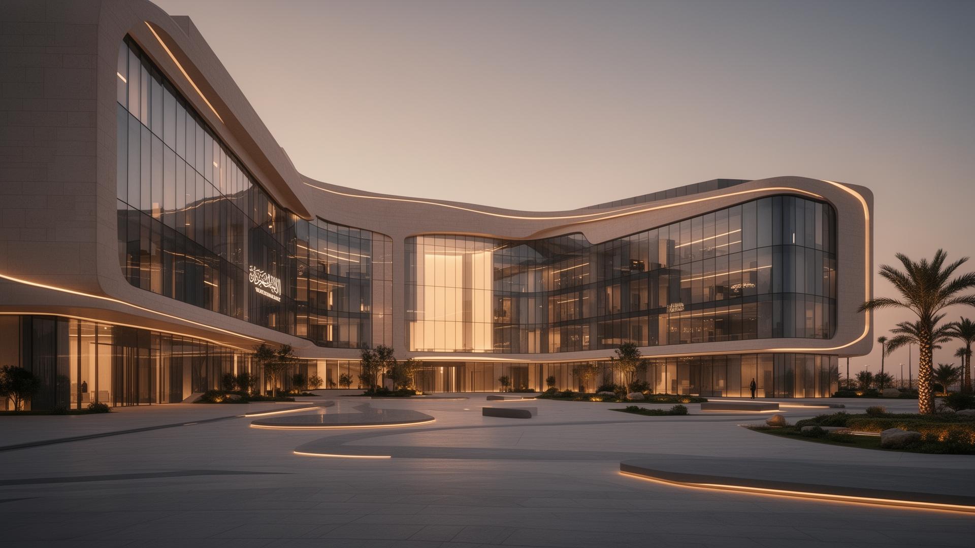 Cinematic dusk view of a futuristic Saudi healthcare facility