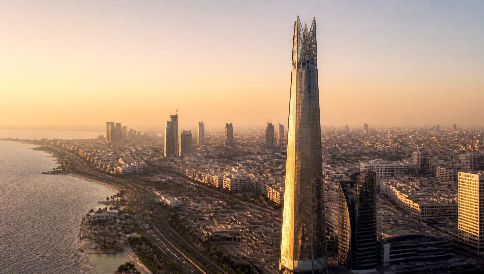 Golden-hour aerial view of the Jeddah waterfront skyline, home of Green Path Medica's Saudi headquarters